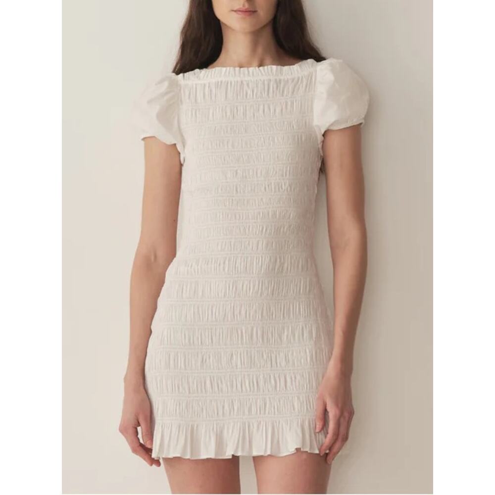NWT Doen Rizzo Cotton Poplin Smocked Puff Short Sleeve Mini Dress Salt White